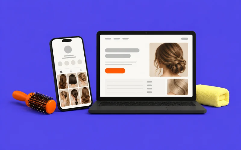A phone with a salon’s social media profile and a laptop with the salon’s website on a violet background.