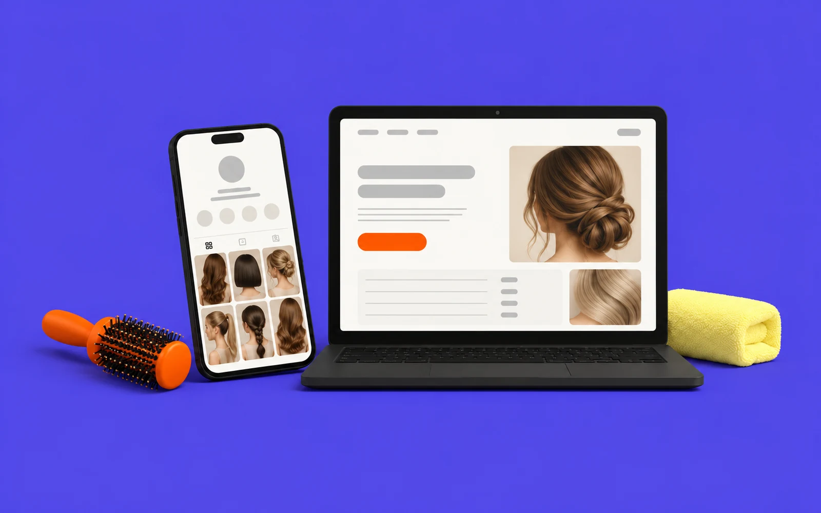 A phone with a salon’s social media profile and a laptop with the salon’s website on a violet background.