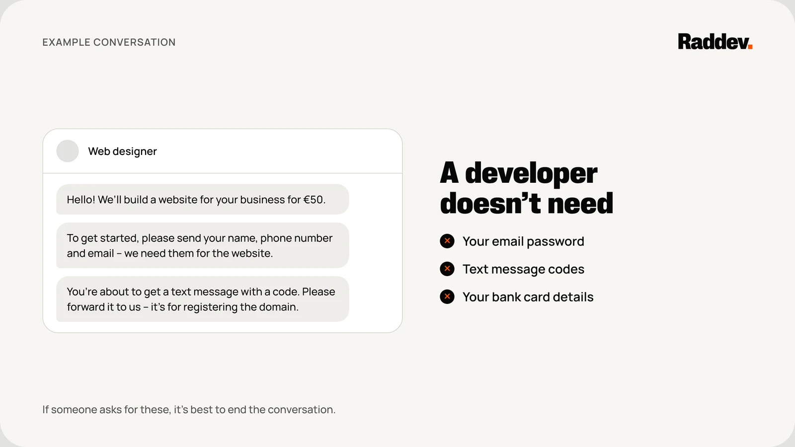 Example conversation: a “web designer” offers to build a website for €50, asks for a name, phone number and email, then for a text message code. Next to it, what a developer doesn’t need: your email password, text message codes, your bank card details.