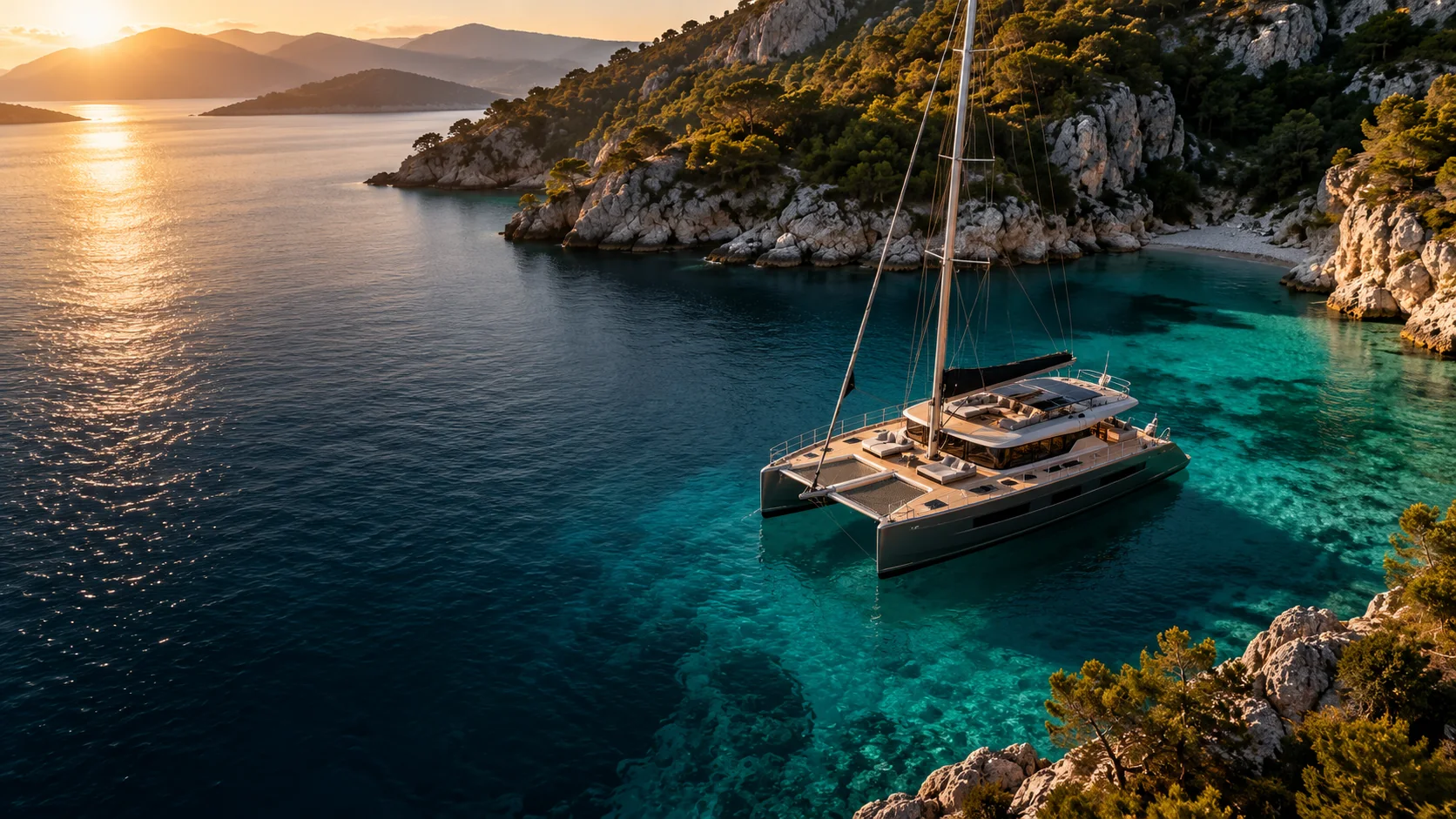 A sailing catamaran anchored in a turquoise Adriatic bay at sunset