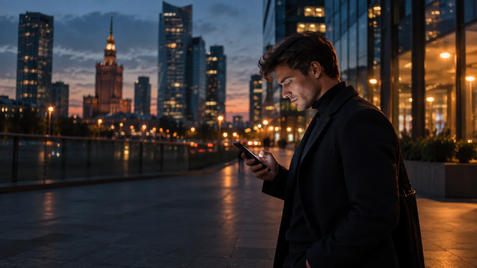 A man checking his phone on a Warsaw street at dusk
