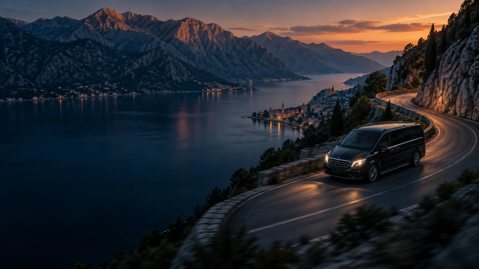 A black minivan on a coastal serpentine above the Bay of Kotor at dusk