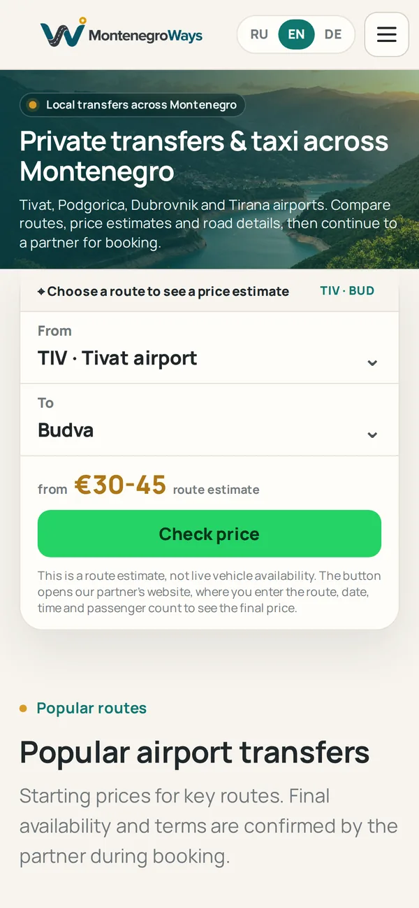 MontenegroWays website on a phone