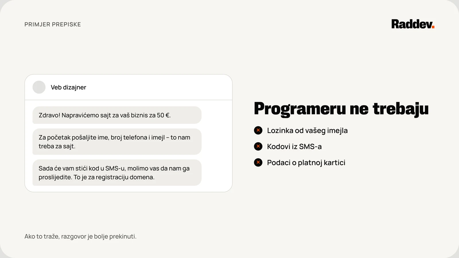 Primjer prepiske: „veb dizajner“ nudi da napravi sajt za 50 €, traži ime, broj telefona i imejl, a zatim kod iz SMS-a. Pored toga, šta programeru nije potrebno: lozinka od imejla, kodovi iz SMS-a, podaci o platnoj kartici.